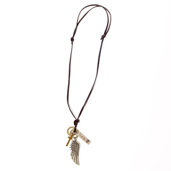 Leather Necklace with Wing and Cross Pendant - Picture 1 of 3